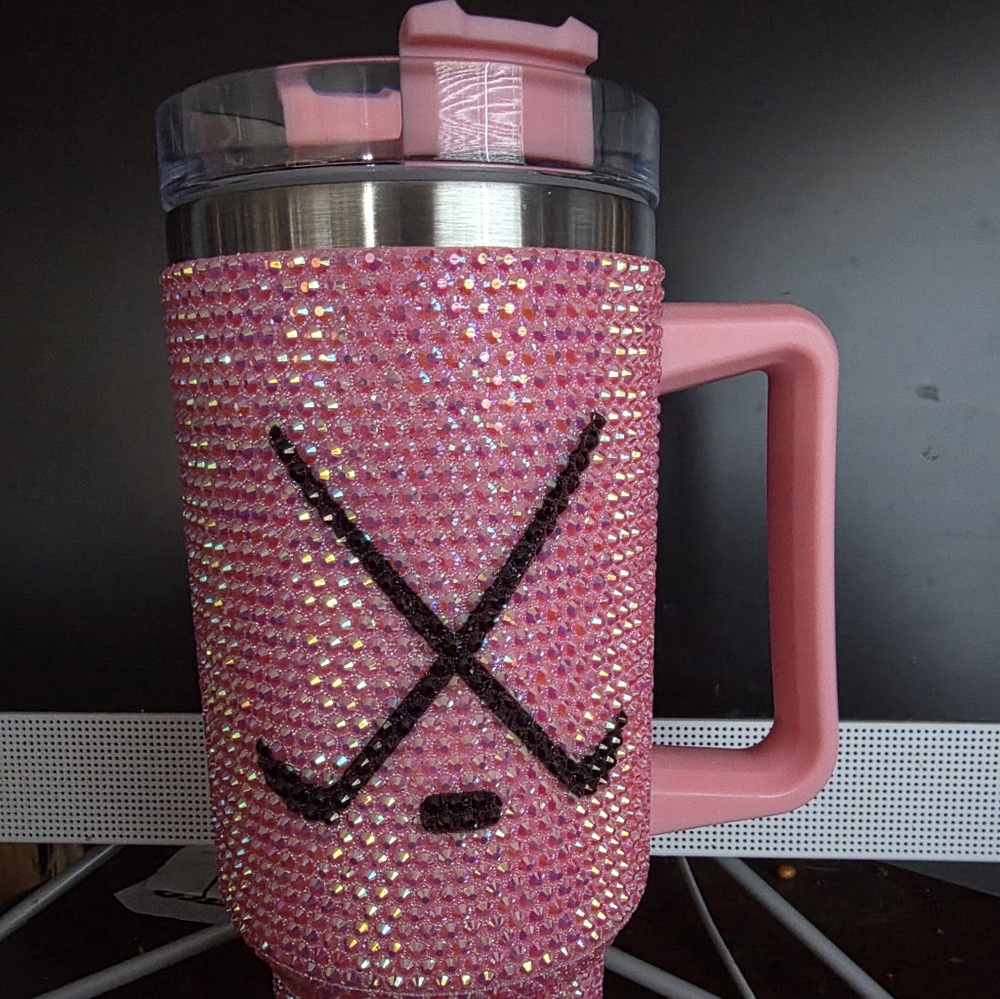 Pink Rhinestone Mug with Crossed Sticks Design